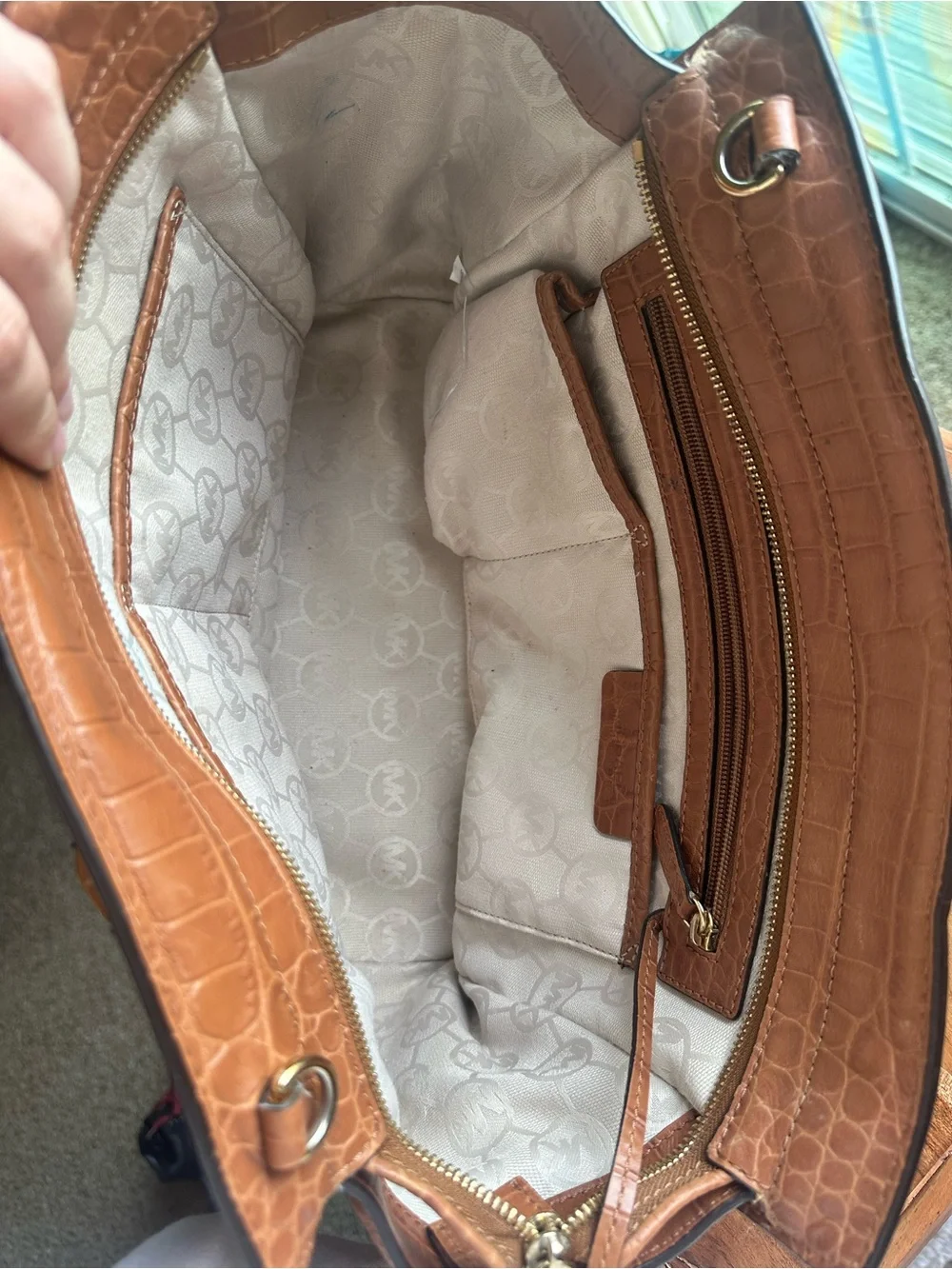 Michael Kors SelmaBrown Croc-Embossed Leather & Denim Canvas Satchel - Picture 5 of 5
